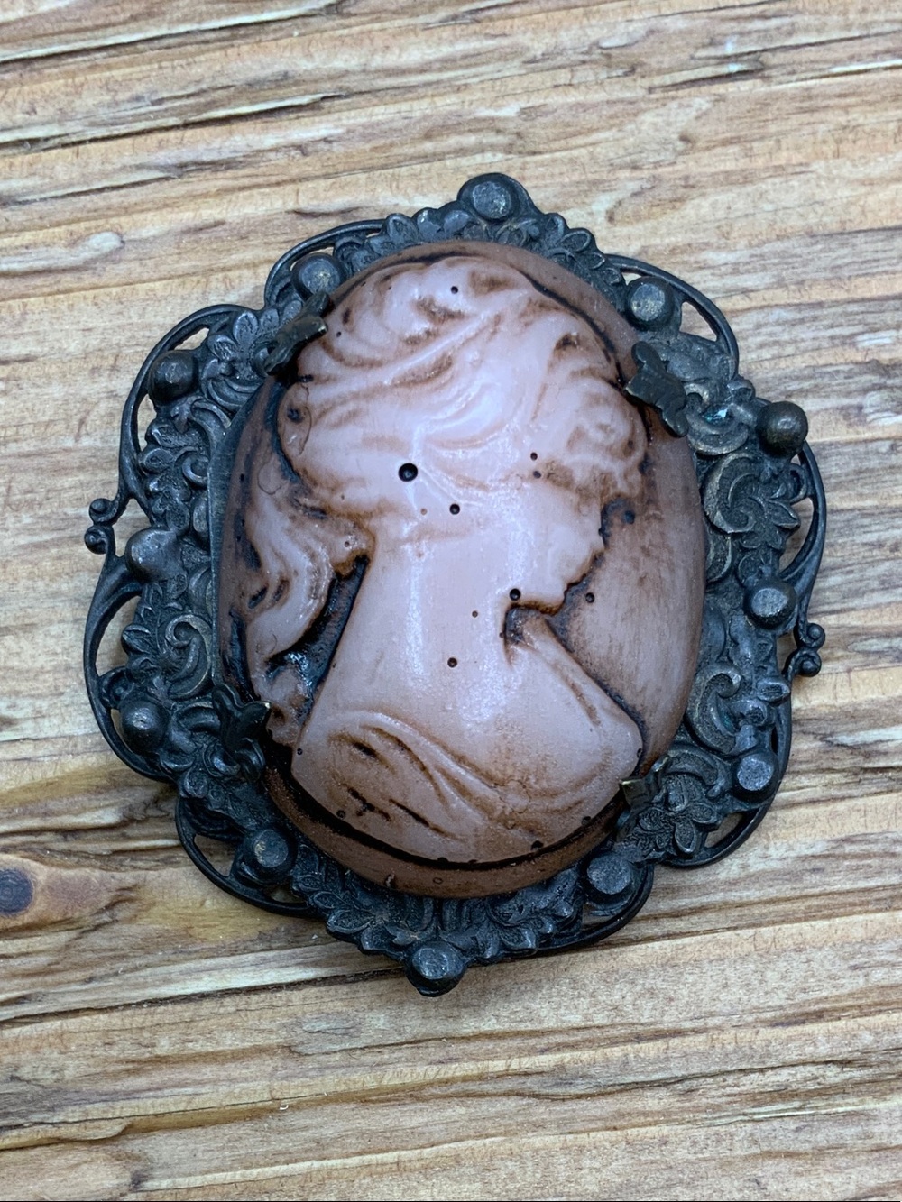 Cameo Vintage Carved Shell with Ornate Metal Frame Brooch